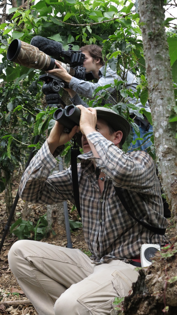 Joshua See cinematographer, with bird guide Ernesto Carman. Filming at  Café Christina coffee farm in Costa Rica